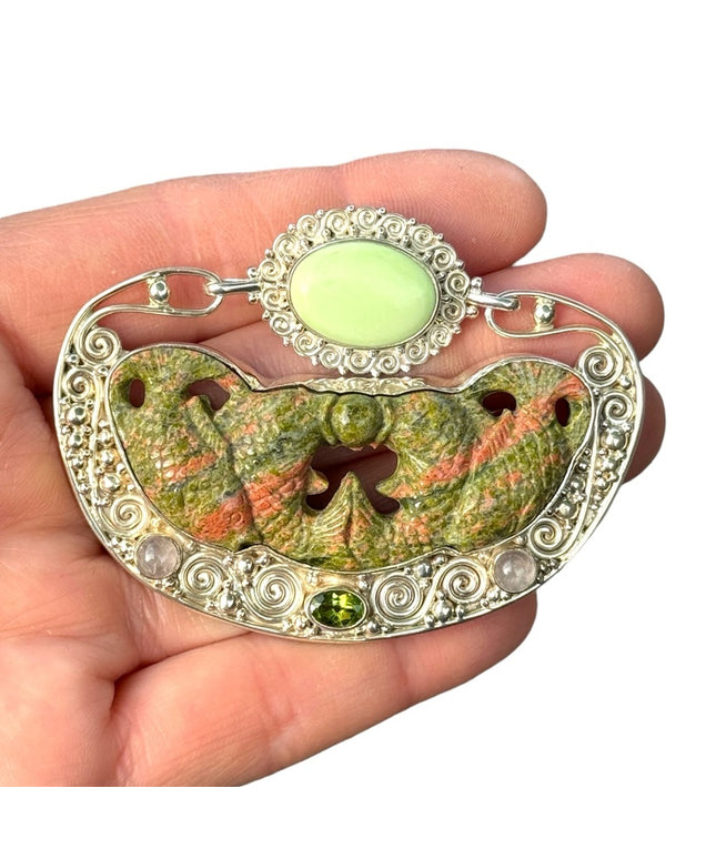 RARE  Sajen 925 Sterling silver brooch pendant fish Bali Unikite moonstone