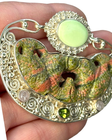 RARE  Sajen 925 Sterling silver brooch pendant fish Bali Unikite moonstone
