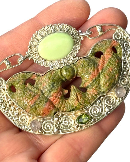 RARE  Sajen 925 Sterling silver brooch pendant fish Bali Unikite moonstone