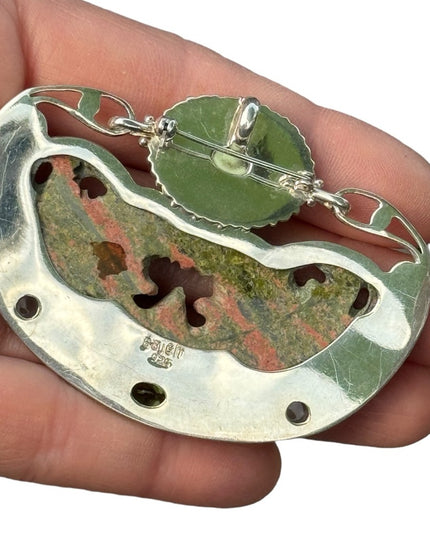 RARE  Sajen 925 Sterling silver brooch pendant fish Bali Unikite moonstone