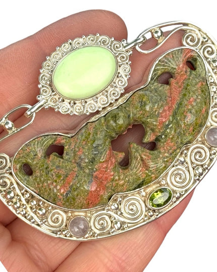 RARE  Sajen 925 Sterling silver brooch pendant fish Bali Unikite moonstone