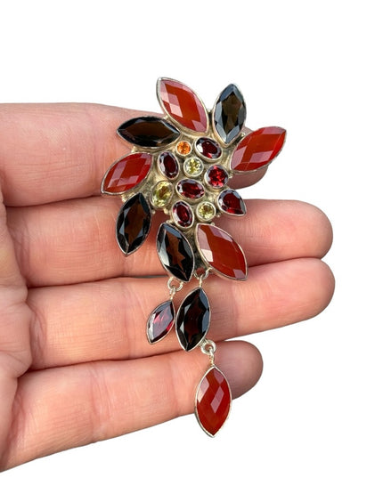 RARE  Sajen 925 Sterling silver brooch pendant Quartz citrine garnet carnelian