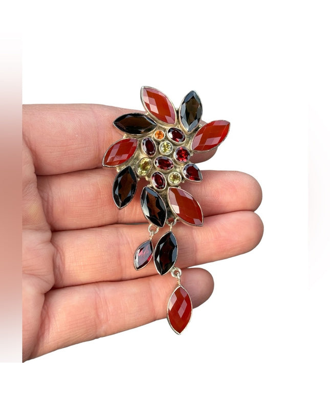 RARE  Sajen 925 Sterling silver brooch pendant Quartz citrine garnet carnelian