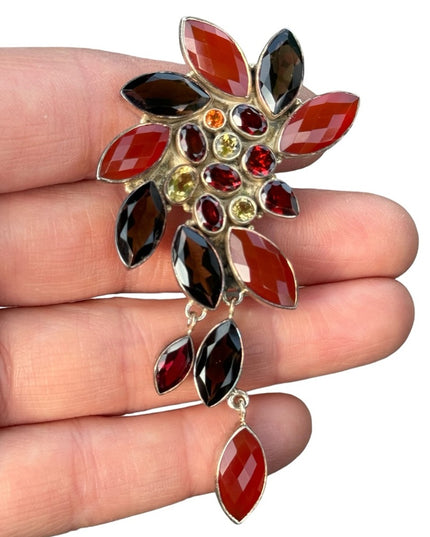 RARE  Sajen 925 Sterling silver brooch pendant Quartz citrine garnet carnelian