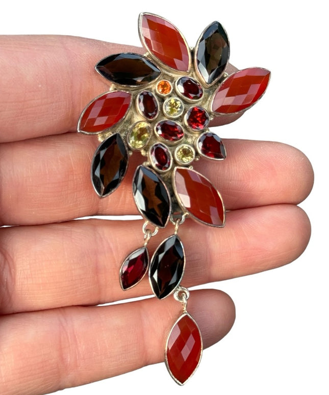 RARE  Sajen 925 Sterling silver brooch pendant Quartz citrine garnet carnelian
