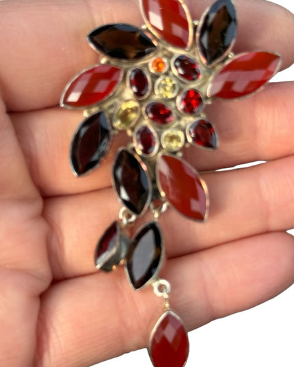 RARE  Sajen 925 Sterling silver brooch pendant Quartz citrine garnet carnelian
