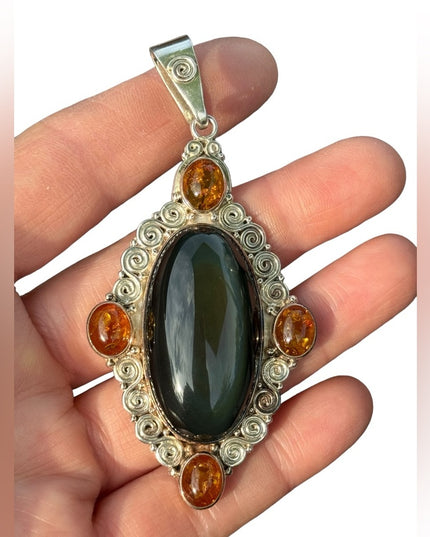RARE  Sajen 925 Sterling silver brooch pendant Labradoritw amber Bali Handmade
