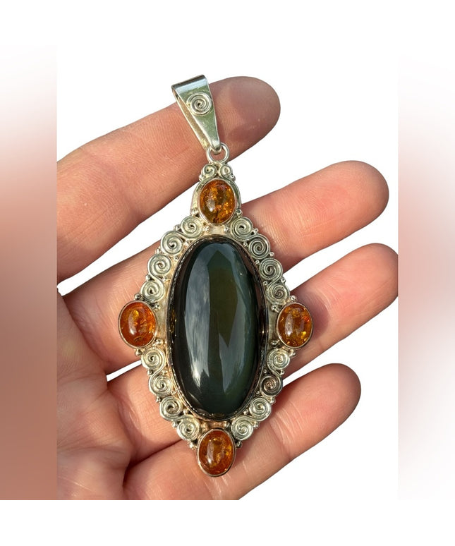 RARE  Sajen 925 Sterling silver brooch pendant Labradoritw amber Bali Handmade