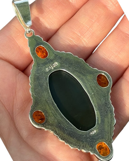 RARE  Sajen 925 Sterling silver brooch pendant Labradoritw amber Bali Handmade