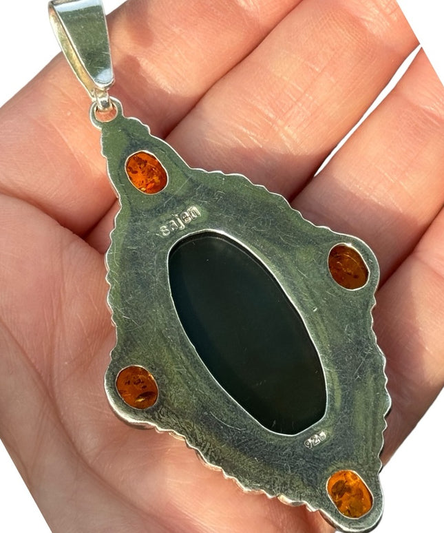 RARE  Sajen 925 Sterling silver brooch pendant Labradoritw amber Bali Handmade