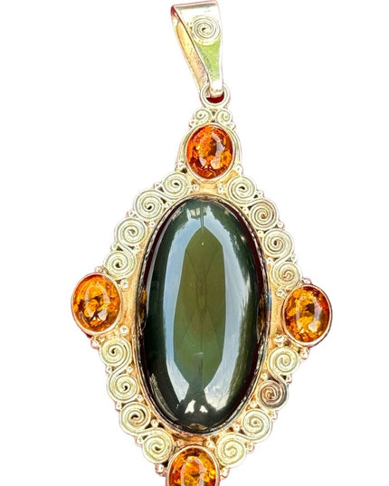 RARE  Sajen 925 Sterling silver brooch pendant Labradoritw amber Bali Handmade