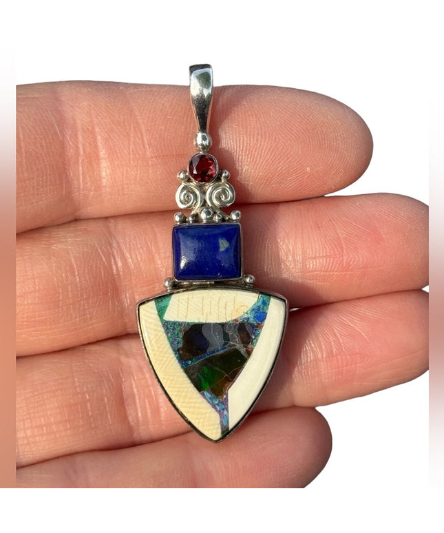 RARE  Sajen 925 Sterling silver pendant Opalminlay lapis geometric pendant