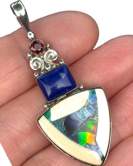RARE  Sajen 925 Sterling silver pendant Opalminlay lapis geometric pendant