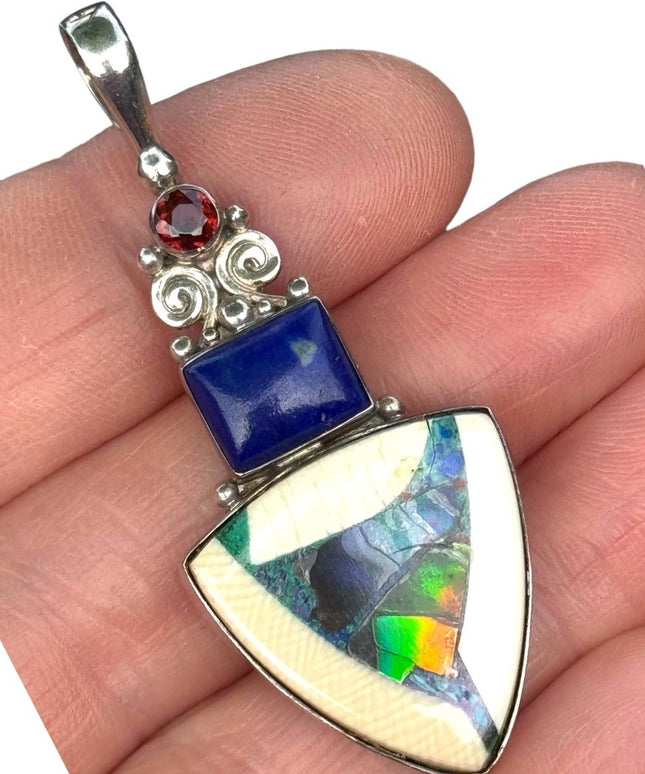 RARE  Sajen 925 Sterling silver pendant Opalminlay lapis geometric pendant