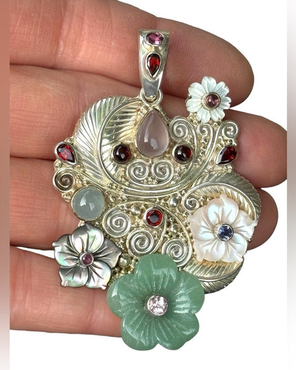 RARE  Sajen 925 Sterling silver brooch pendant Jadeite MOP gemstone flowers Love