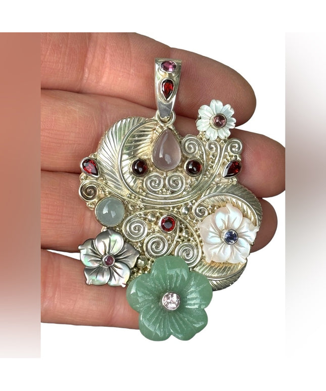 RARE  Sajen 925 Sterling silver brooch pendant Jadeite MOP gemstone flowers Love