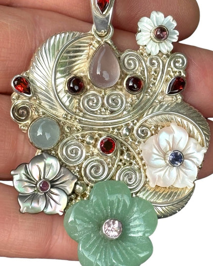 RARE  Sajen 925 Sterling silver brooch pendant Jadeite MOP gemstone flowers Love