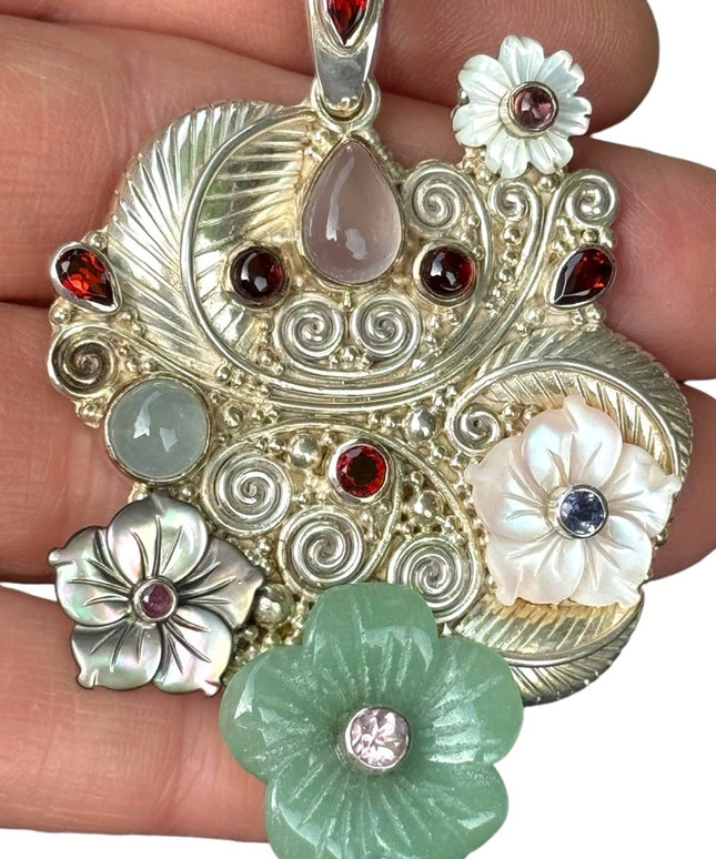 RARE  Sajen 925 Sterling silver brooch pendant Jadeite MOP gemstone flowers Love