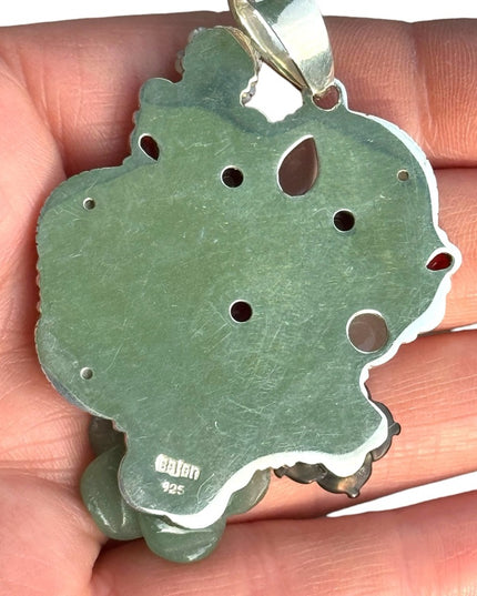 RARE  Sajen 925 Sterling silver brooch pendant Jadeite MOP gemstone flowers Love