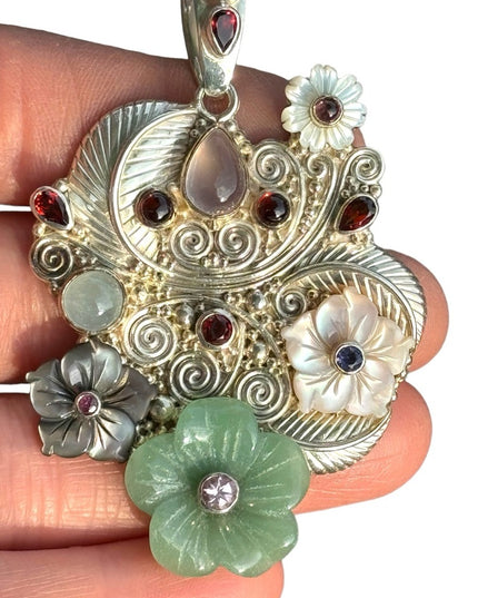 RARE  Sajen 925 Sterling silver brooch pendant Jadeite MOP gemstone flowers Love