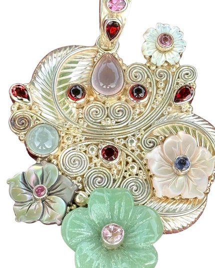 RARE  Sajen 925 Sterling silver brooch pendant Jadeite MOP gemstone flowers Love