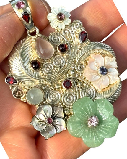 RARE  Sajen 925 Sterling silver brooch pendant Jadeite MOP gemstone flowers Love