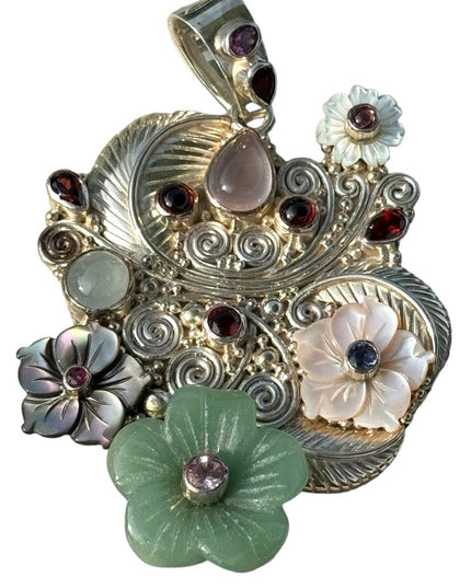 RARE  Sajen 925 Sterling silver brooch pendant Jadeite MOP gemstone flowers Love