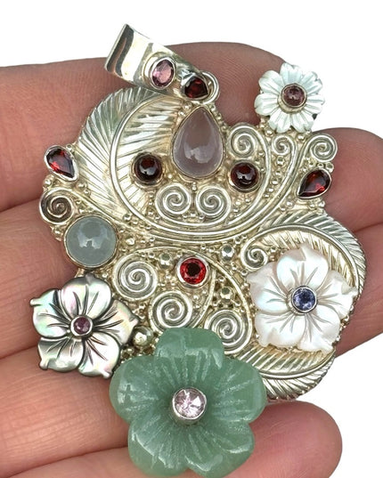 RARE  Sajen 925 Sterling silver brooch pendant Jadeite MOP gemstone flowers Love