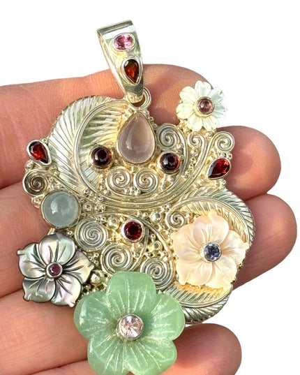 RARE  Sajen 925 Sterling silver brooch pendant Jadeite MOP gemstone flowers Love