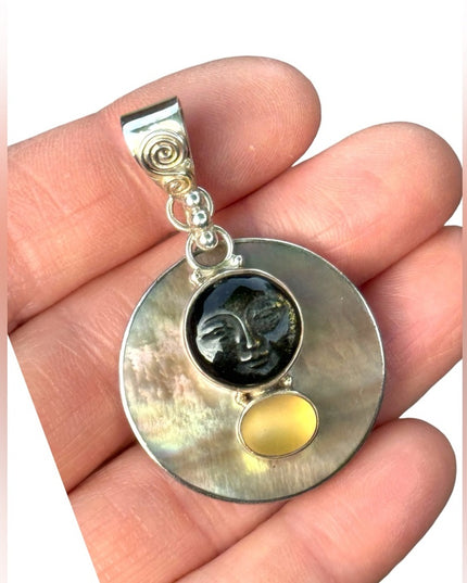 RARE  Sajen 925 Sterling silver  pendant moonface Abalone moonstone onyx