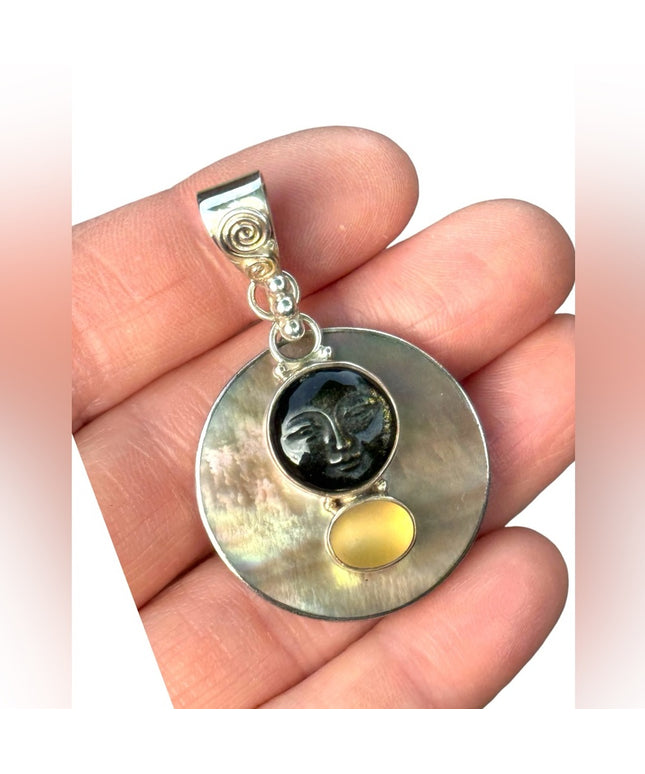 RARE  Sajen 925 Sterling silver  pendant moonface Abalone moonstone onyx