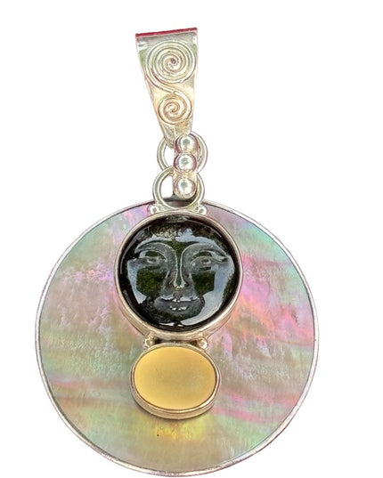 RARE  Sajen 925 Sterling silver  pendant moonface Abalone moonstone onyx