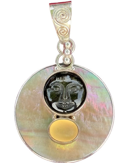 RARE  Sajen 925 Sterling silver  pendant moonface Abalone moonstone onyx