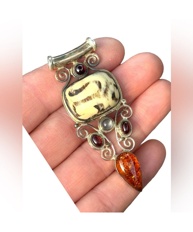 RARE  Sajen 925 Sterling silver pendant Mud bead garnets amethyst Bali Handmade