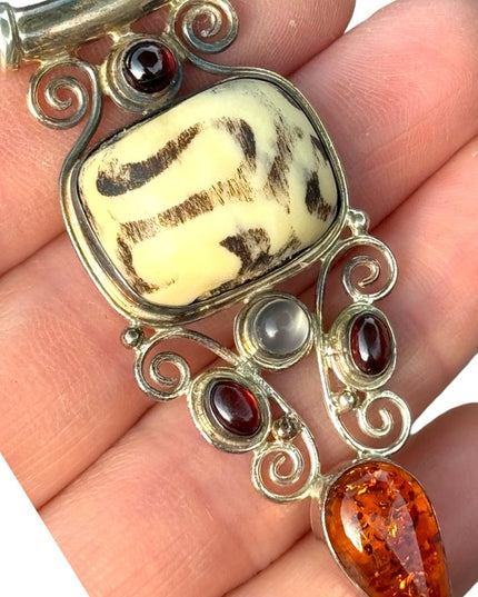 RARE  Sajen 925 Sterling silver pendant Mud bead garnets amethyst Bali Handmade