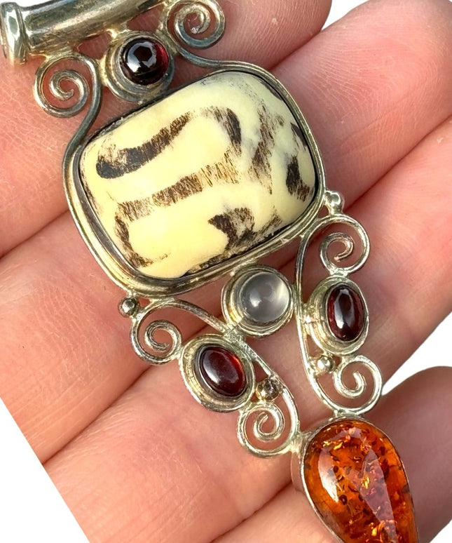 RARE  Sajen 925 Sterling silver pendant Mud bead garnets amethyst Bali Handmade