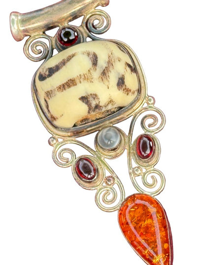 RARE  Sajen 925 Sterling silver pendant Mud bead garnets amethyst Bali Handmade