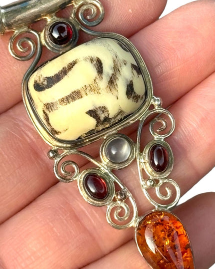 RARE  Sajen 925 Sterling silver pendant Mud bead garnets amethyst Bali Handmade