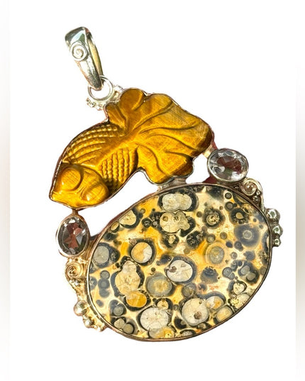 RARE Sajen 925 Sterling silver pendant leopard skin Jasper tiger eye quartz fish