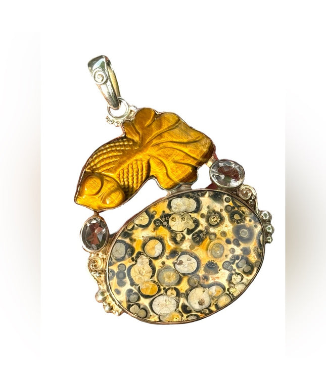 RARE Sajen 925 Sterling silver pendant leopard skin Jasper tiger eye quartz fish