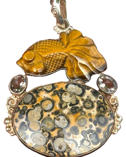 RARE Sajen 925 Sterling silver pendant leopard skin Jasper tiger eye quartz fish