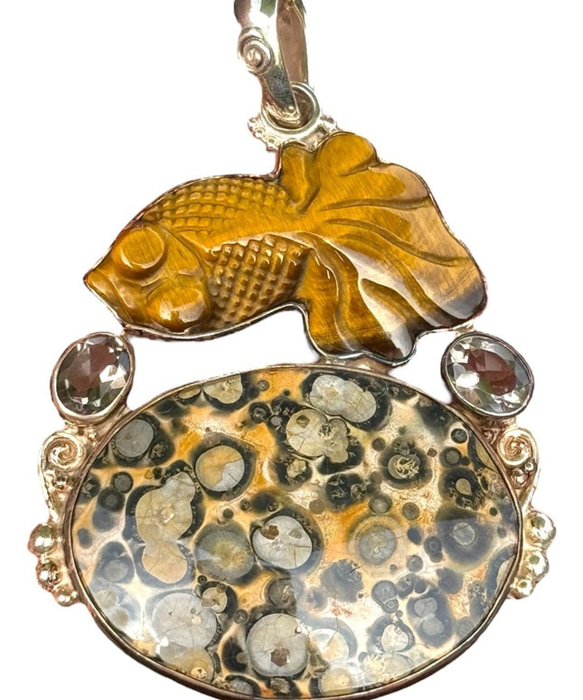 RARE Sajen 925 Sterling silver pendant leopard skin Jasper tiger eye quartz fish