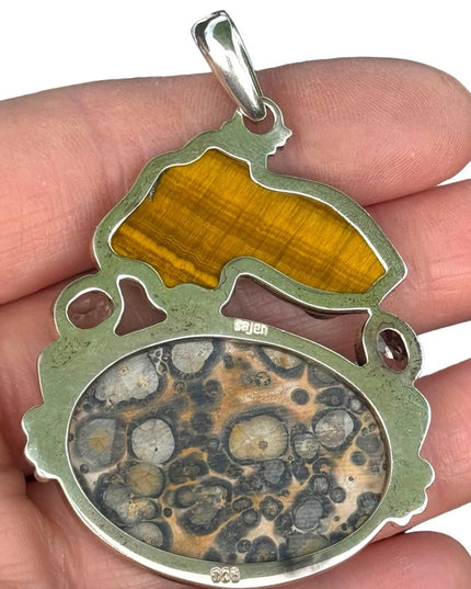 RARE Sajen 925 Sterling silver pendant leopard skin Jasper tiger eye quartz fish