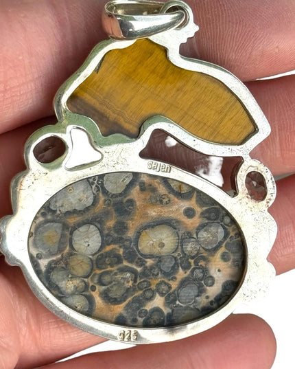 RARE Sajen 925 Sterling silver pendant leopard skin Jasper tiger eye quartz fish