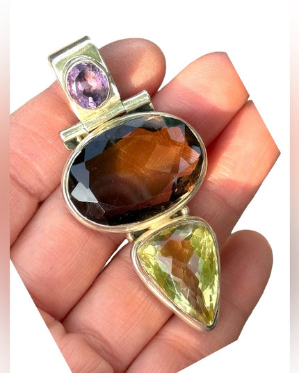 Heavy 925 Sterling silver gemstone pendant Amerhyst smokey topaz citrine