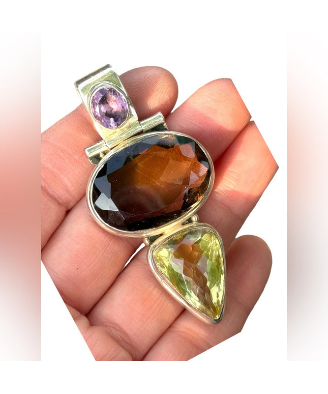 Heavy 925 Sterling silver gemstone pendant Amerhyst smokey topaz citrine