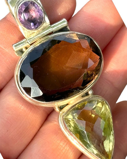 Heavy 925 Sterling silver gemstone pendant Amerhyst smokey topaz citrine