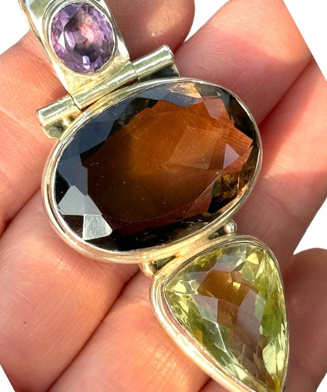 Heavy 925 Sterling silver gemstone pendant Amerhyst smokey topaz citrine