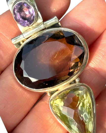 Heavy 925 Sterling silver gemstone pendant Amerhyst smokey topaz citrine