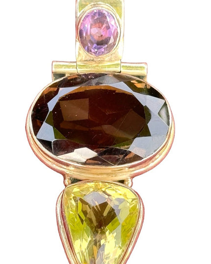 Heavy 925 Sterling silver gemstone pendant Amerhyst smokey topaz citrine